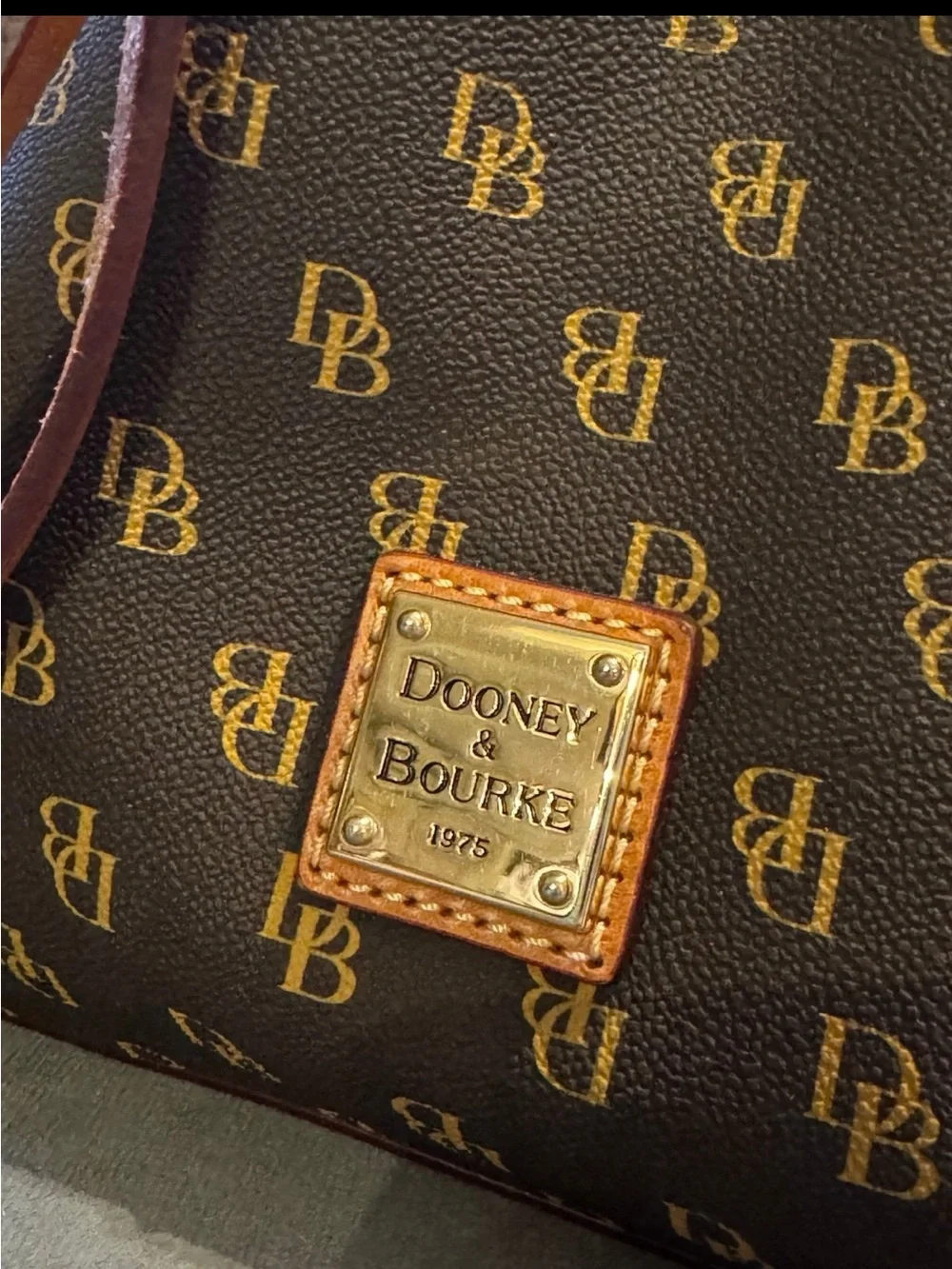Dooney & Bourke Brown Monogram Drawstring Bucket Bag with Tan Trim